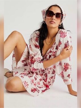 Free People Floral Mini Dress in Cream and Pink